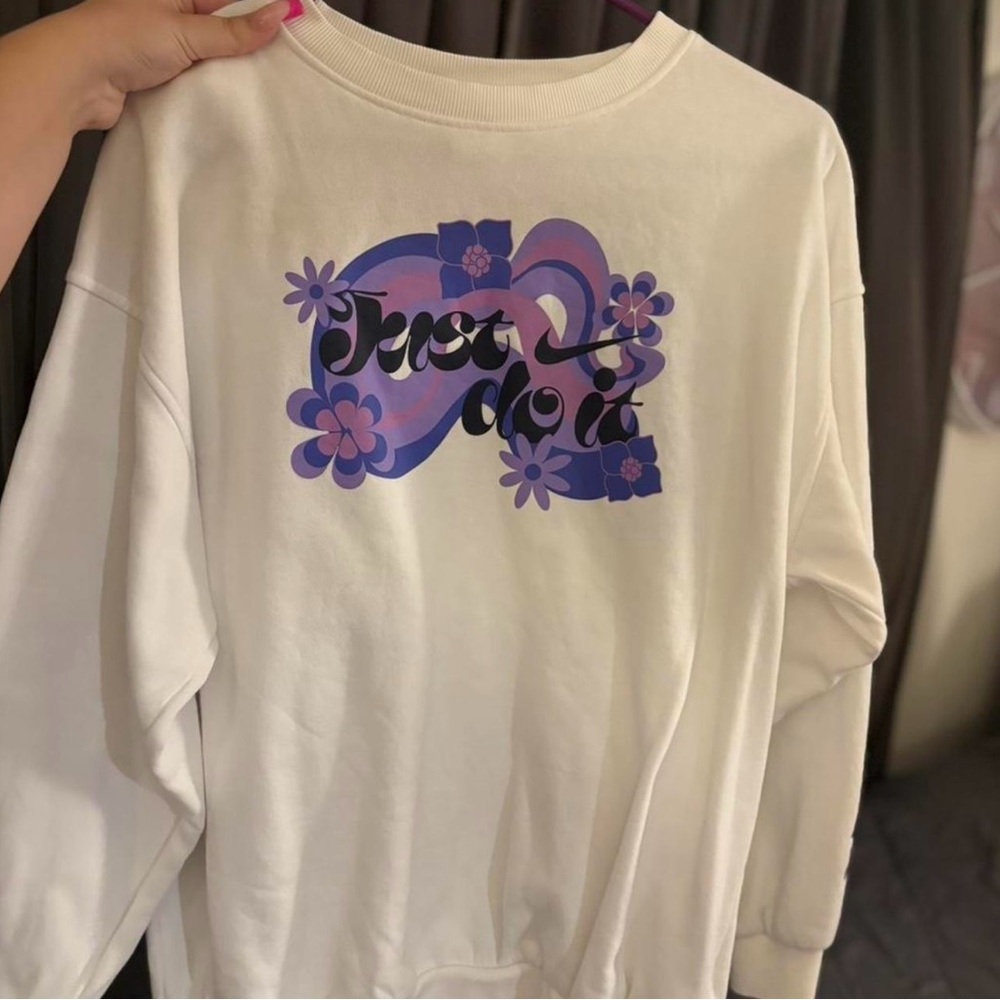 White Crewneck Sweater with Purple Floral Graphic